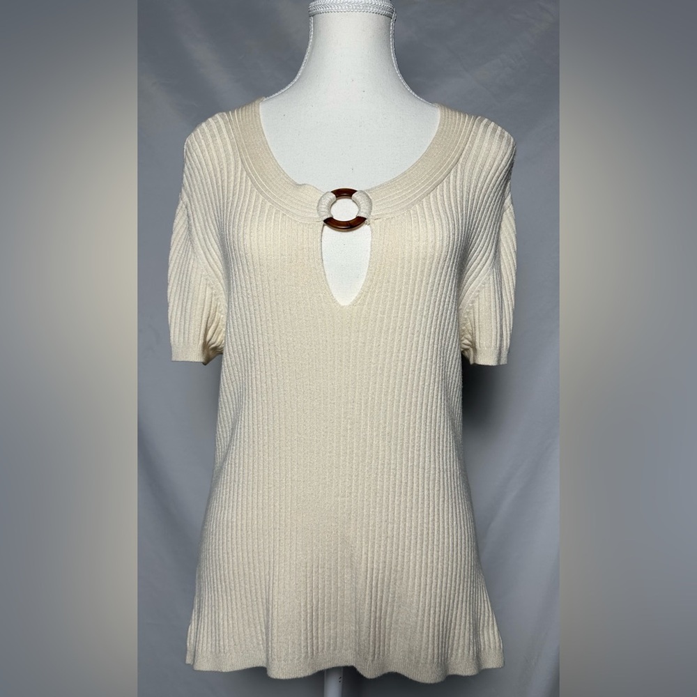 LAURA PETITES Cream Y2K Boho‎ Cottagecore Ribbed Short Sleeve Size L